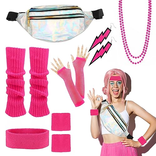 LWMTT 80er Jahre Damen Rosa SetGürteltasche,Ohrring, Halskette, Netzhandschuhe, 80er jahre Neon Beinwärmer Stirnband Armbänder 80er Jahre Kleidung Sport 90er 80er Jahre Damen Accessoires