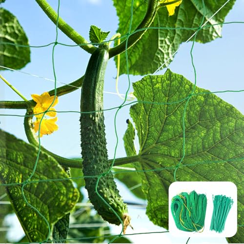 Ranknetz 2.7m x1.8m Gurkennetz mit 50 Pflanzenbinder, Rankhilfe für Tomaten, Rankgitter für Gurken, Pflanzennetz, Gartennetz mit 10 cm großer Maschenweite, Stütznetz