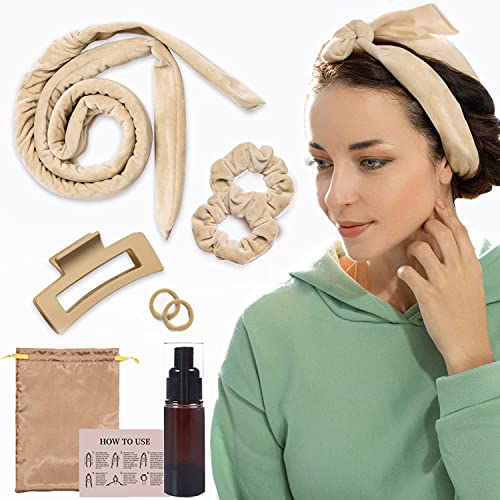 Lockenwickler Ohne Hitze, Neu Rutschfest, über Nacht mit Stirnband Lockenwickler Große Locken DIY Heatless Curls Band Frisurenset,für langes mittleres Haar (Khaki)