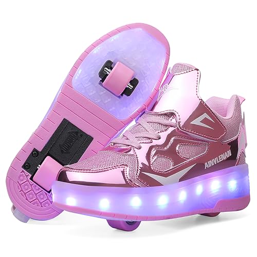 YongerYong Jungen Mädchen Skateboard Schuhe mit LED Blinkend Schuhe mit Rollen Skate Automatisch Einziehbar Komfort Outdoor Sportschuhe für Kinder