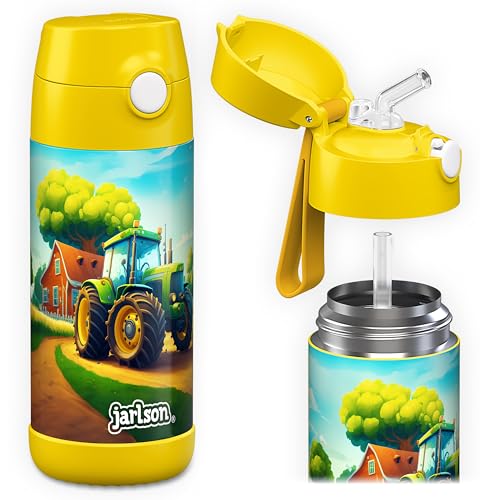 JARLSON® Trinkflasche Kinder Edelstahl "CHARLI" mit Strohhalm - Thermosflasche 350ml - TÜV geprüft - BPA frei - auslaufsicher - Thermo Wasserflasche für Schule, Kindergarten - Traktor, 350 ml