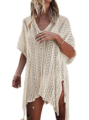 DHAIGOU Damen Gestrickte Strandkleid Sommer Strandponcho Strandurlaub Badeanzug Bikini Cover-Ups, beige, Einheitsgröße