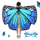 BETESSIN Schmetterling Umhang Kostüm Mädchen mit Maske Schmetterlingsflügel Kinder mit Strassdruck Halsband Faschingskostüm Schmetterling Cape Poncho Halloween Fasching Party Cosplay Groß Blau