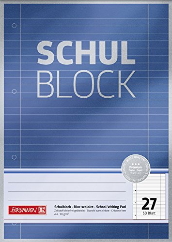 Brunnen Schulblock / Notizblock Premium (A4, 50 Blatt, liniert, mit Randlinien, Lineatur 27, gelocht, kopfverleimt, 90 g/m²)