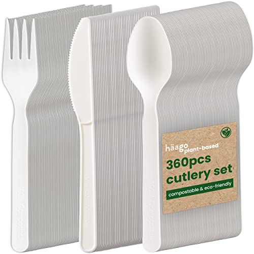 HAAGO 360 Stück wiederverwendbares Besteckset (120x Messer, 120x Gabeln, 120x Löffel, weiß) - Ideal für Catering & Hochzeiten