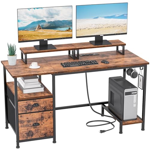 Furologee Computertisch mit Schublade und Steckdosen, 119,4 cm Bürotisch mit 2 Monitorständern und Aktenschrank aus Stoff, Schreibtisch mit Regalen und 2 Haken für Home Office, Rustikales Braun