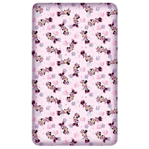 Minnie Mouse Spannbettlaken Flower Pink Rosa 90/100 cm x 190/200 cm 100% Baumwolle Minnie Maus Disney Mickey Sweet Love Spannlaken Bettlaken Laken Spannbetttuch passend zur Mädchen Bettwäsche