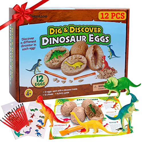 12 Stück Dinosaurier Eier Party Supplies Spielzeug, Dino Eier Dig Kit, zum Ausgraben Favors STEM für Kinder im Alter von 4 5 6 + (2 Stück Tätowierungen)