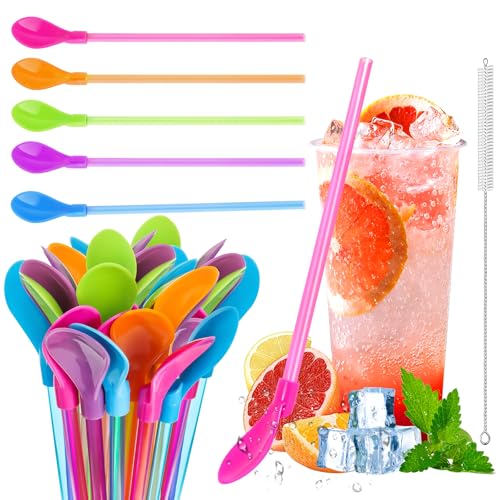 20 Stück Strohhalme Löffel, Wiederverwendbare Trinkhalmlöffel für Slush, 2-in-1 Strohhalme mit Löffel, Plastik-Strohhalm-Löffel mit Strohhalm Bürste für Kaffee, Slush, Cocktail (20Pcs)