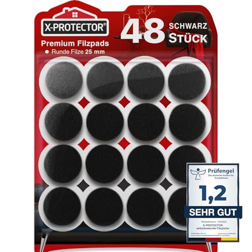 X-Protector Filzgleiter 48 Stück 25 mm - Prämie Möbelgleiter Schwarz - Dicker Filz Selbstklebend - Bodenschoner für Stühle - Große Menge an Filzgleiter Selbstklebend - Schützen Sie Ihre Holzfußböden!