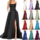 Abschlussball Kleider Damen Abendkleid Lang Schwarz mit Schlitz Satin Neckholder A-Linie Sexy Rückenfreies Kleid Brautjungfernkleider Cocktailkleid Festlich Wickelkleid Elegant Für Hochzeit