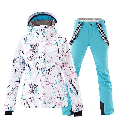 ALSOGO Damen Skianzug Schneeanzug Winddicht Wasserdicht Skifahren Snowboardjacke Trägerhose Set Zum Skifahren Snowboarden Klettern SMNWT+Blue XL