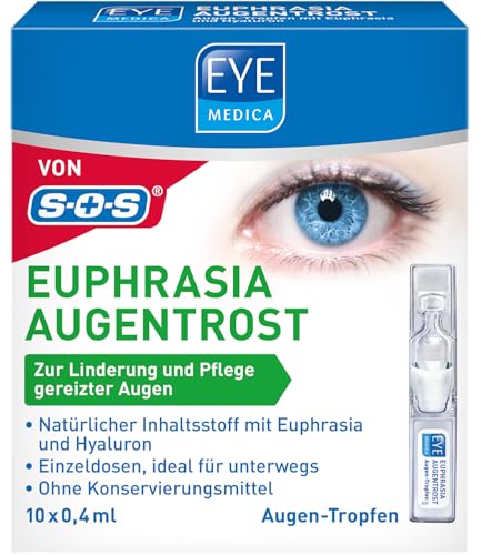 EyeMedica Euphrasia Augentropfen gegen trockene Augen und gereizte Augen, Befeuchtung, Linderung und Pflege, mit Hyaluron, 10 x 0,4 ml Einzeldosen