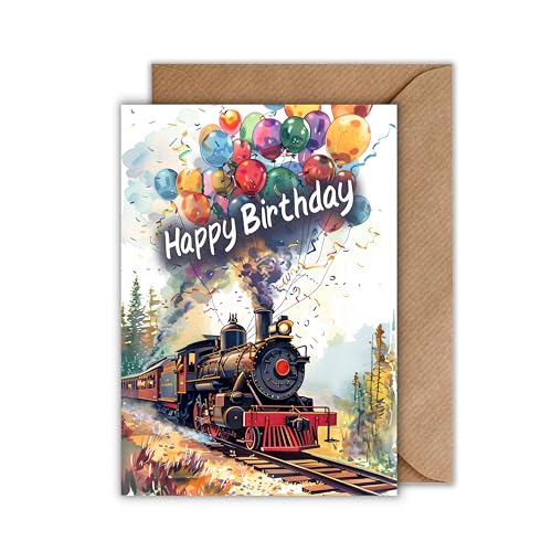 WBdesignz Geburtstagskarte für Eisenbahn-Fans mit Umschlag - Dampflok Ballons Glückwunschkarte farbenfrohe Eisenbahn Kinder Jungs Zug-Motiv verspielt (DIN A6)