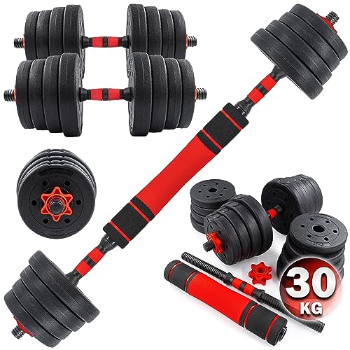 C.P.Sports 2in1 Kurzhantel & Langhantel Set 30kg / 40kg | Hantelscheiben – Gewichte – Hantelstangen | verstellbare Hanteln – Hantelset für Krafttraining, Fitness, Home Gym (rot-schwarz – 30kg Set)