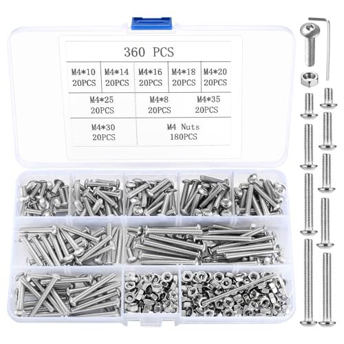 M4 Schrauben Set, 360 Stück Linsenkopf Sechskantschrauben mit Muttern Kit, Gewindeschrauben Set, Maschinenschrauben Muttern Set, Sechskantkopfschrauben und Muttern Sortiment - M4