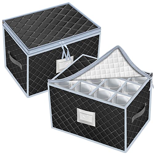 VERONLY Aufbewahrungsbox für Weingläser - 2 Stück Weinflasche Aufbewahrung Staubschutz Kristallglas Schutzbehälter Faltbox mit Trennwänden Etikett für 24 Stielgläser (Schwarz)