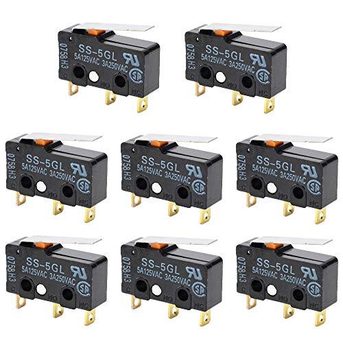 CESFONJER Micro Switch, 8 Stück Micro Schalter SS-5GL, 5A 250V Limit Schalter, 3 Pins 3 Terminals Lange Gerade Scharnier Hebel (Schwarz)