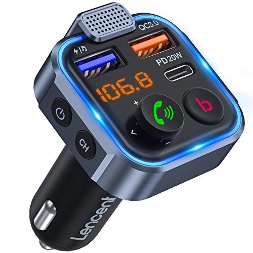 LENCENT FM Transmitter Bluetooth V5.3 Auto Radio Deep Bass Musik Adapter Freisprecheinrichtung Auto Ladegerät mit Dual USB Anschlüsse PD Typ-C QC 3.0 USB Schnellladung mit Blauem Umgebungslicht