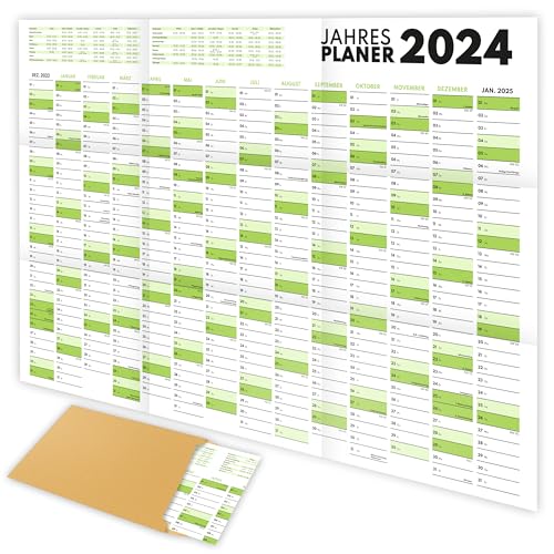 XXL Wandkalender 2024 groß (90x60cm) - Jahresplaner 2024 quer als Kalender für die Wand - Jahreskalender für 14 Monate mit Ferienübersicht - Kalender gefalzt für das Büro