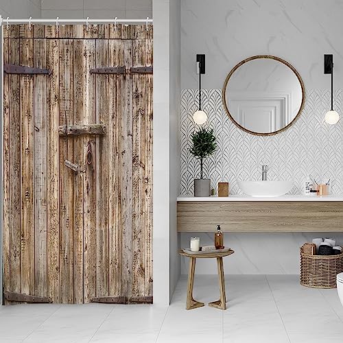 SDOTPMT 90x183cm Holz Planke Duschvorhang Jahrgang Braun Scheune Tür Badevorhang Holz Rustikal Boden Bauernhaus Ländlich Landschaft Badewanne Vorhang Polyester für Badezimmer Badevorhang mit Haken