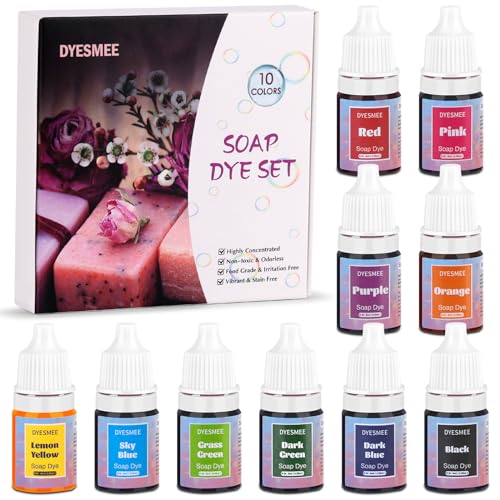 DYESMEE Seifenfarbe Set 10 Farben, Hautsichere Flüssige Seifenfarbe für die Seifenherstellung, Seifenfarben in Lebensmittelqualität für DIY Badebomben, Handgemachte Seifen, Schleim, Ton, Kunsthandwerk