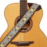 AMUMU Hootenanny Gitarrengurt, Vintage Guitar Strap mit Stickerei Design, 2" Breiter Baumwolle Gurt mit doppelten Leder Enden, verstellbare Länge 36" bis 62" für E-Gitarre, Akustikgitarre & Bass, Gelb