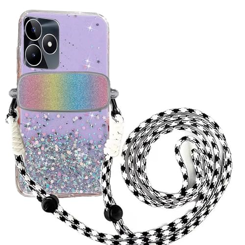 Tivenfezk Nadoli für Oppo Realme C53 Glitzer Handykette Hülle,Silikon Bling Durchsichtig Crossbody Tasche zum Umhängen Schutzhülle mit Telefon Clip Halter Band