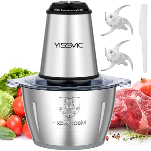 YISSVIC Zerkleinerer Küche Elektrisch 500W 2L Edelstahlschüssel Multizerkleinerer Elektrisch mit 8 Klingen 2 Geschwindigkeit für Obst/Gemüse/Fleisch