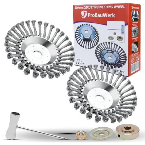 CCLIFE Unkrautbürste Freischneider 2er Set, Wildkrautbürste für Motorsense Rundbürste 200 x 25,4 mm mit Zubehör, PROBAUWERK