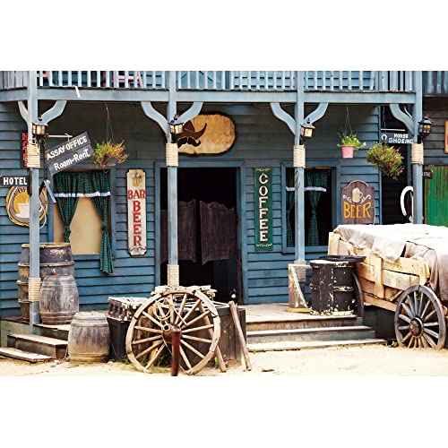 YongFoto 1,5x1m Western-Bar Kulisse West Saloon Bar Blaues Holzhaus WagenwagenFotografie-Hintergrund für Cowboy Geburtstag Rustikal Wilder Westen Themenparty Babyparty Photo Booth Requisiten