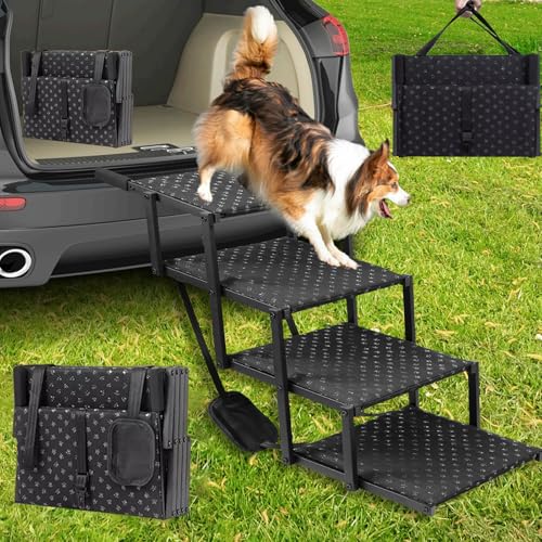 Hunderampe, 4 Stufen Hundetreppe Auto Klappbar Rampe Hund Hunde Treppe für Kleine Mittlere Große Hunde rutschfeste Hundetreppe für Lastwagen und SUV Unterstützung bis 100 KG 44-72cm Einstellbare Höhe