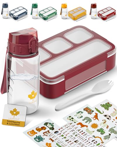 LAUBGOLD® Brotdose Kinder mit Fächern & Trinkflasche Kinder mit Stickern | BPA-freies Kita Set | Leichte Trinkflasche Kinder 350ml auslaufsicher u. Kohlensäure geeignet | 530ml Lunchbox mit 4 Fächern