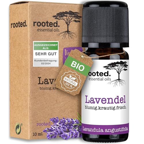 rooted.® BIO Lavendelöl [100% NATURREIN] - Echter Lavendel - Lavandula angustifolia - Ätherisches Öl für Aromatherapie, Duftlampe, Diffusoren, Raumduft, Duftkerzen und -Seifen (10ml)