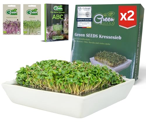 Green SEEDS® Kressesieb [Das Original] | Edelstahlsieb mit hochwertiger Keramikschale nachhaltig verpackt | Anzuchtschale 14 x 14cm Spülmaschinenfest u. Rostfrei + Sprossen-ABC [E-Book] (2)