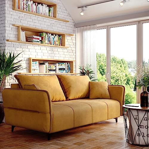 Sofa Isabell mit Bettkasten Schlafsofa Polstersofa mit Schlaffunktion Klappsofa Couch mit Schwarzen Füßen Sofagarnitur Wohnzimmer Gastzimmer (Sofa, Gelb)