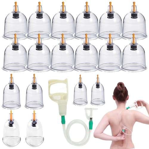 Schröpfgläser Set, 18 Schröpfbecher für Traditionelle Chinesische Therapie und Schröpfmassage, Schröpfset mit Vakuumpumpe und Verlängerungsrohr Schröpfglas Schröpfen Cupping Set (ohne Öl)