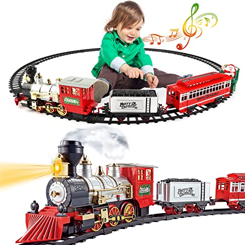 deAO Spielzeugeisenbahn-Set für Kinder, Weihnachtszug mit Scheinwerfer,Rauch, realistischen Klängen (Schwarz Silber)