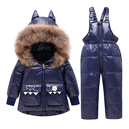 Amissz Baby Boys Girls Snowsuit,Toddler Winter Outfit Sets Kids Hooded Artificial Fur Down Jacket Coat and Ski Bib Pants