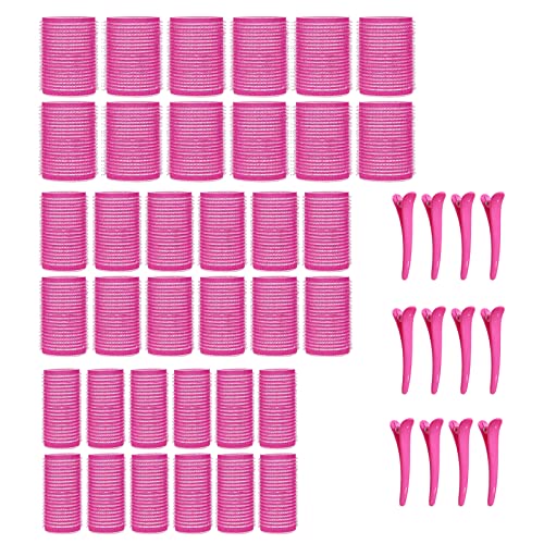 KEYRI 48 Stück Lockenwickler Set Jumbo Groß Haftwickler Selbsthaftend Hair Rollers mit Haar Klammer DIY Locken Ohne Hitze für Lange Mittlere Kurze Salon Friseur 45/35 /25mm (Rosa)