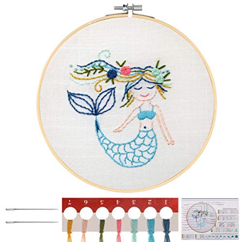 MWOOT Kinder Stickerei Starter Kit Kreuzstich Set,DIY Handgemachte Meerjungfrau Cross Stitch Embroidery Starter Kit für Anfänger