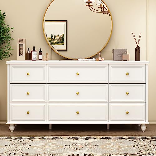 Caldion 160cm Kommode Weiß mit 9 Schubladen Moderne Sideboard mit Gold Metall Griffe,Holzbeine für Wohnzimmer,Schlafzimmer Weiß