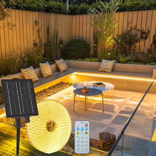 Gaoxun Solar LED Strip Außen, 10m 640 LED Outdoor Streifen IP68 Wasserdicht mit Fernbedienung, Dimmbar, 8 Modi, Flexibel LED Leiste für Garten, Terrasse, Balkon, Pavillon, Weg, Traufe Deko, Warmweiß