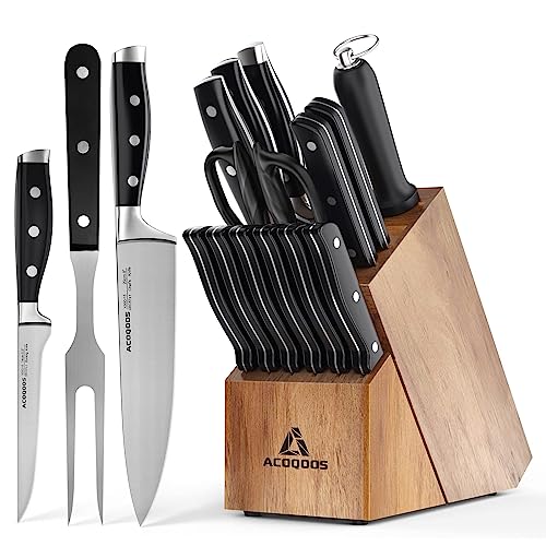 ACOQOOS Messerblock Set, 17 teilig Messerset mit Holzblock, Messerblock mit Messer, Edelstahl mit Hohem Kohlenstoffgehalt, Braun