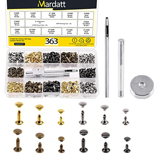 Mardatt 360 Sets Double Cap Rivets with Setting Tool Kit, 4 Colors 3 Sizes Leather Rivets Double Cap Rivet Tubular Metal Studs for DIY Leather Craft Repair and Decoration