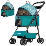 YEALEO Reisekinderwagen für Haustiere. Faltbarer Hunde- und Katzenwagen für kleine/mittelgroße Hunde mit geräumigem Aufbewahrungskorb, Sicherheitsgurt & Getränkehalter (Grün)