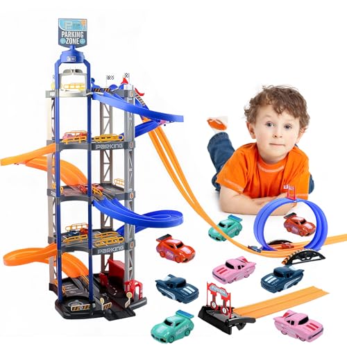 Charmofun 5-Stöckiges Parkhaus Für Kinder, Auto Parkgarage Kinder Mit 8 Rennautos, Spiral, Extralange Rutschen, Aufzug, Licht Und Ton, Spielzeug Parkhaus ab 3 Jahre I MaßE: 58 X 37,5 X 10 cm