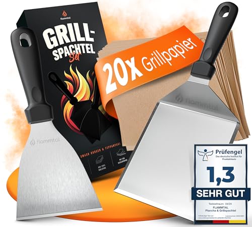 flammtal Grillspachtel Set aus Edelstahl - Hochwertiger Plancha Spachtel inkl. 20x Burgerpapier für Smash Burger - Spülmaschinengeeignete Grill Spachtel für Plancha & Teppanyaki -Ideales Grill Zubehör