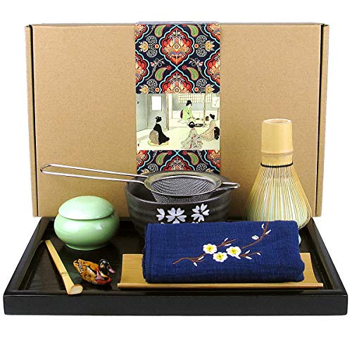 Artcome Japanese Matcha Tea Set, Matcha Whisk, Traditional Scoop, Matcha Bowl, Black Bamboo Tray, Ceramic Whisk Holder, Matcha Caddy, Handmade Matcha Ceremony Kit For Japanese Tea Ceremony (10Pcs)