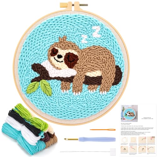 JSRQT Punch Needle Set Anfänger Faultier Stanznadel Stickerei Starter Kit Basteln Geschenk Kit Punch Needle Debutant Stanznadelstoff Muster Set Embroidery Starter Kits für Kinder Erwachsene